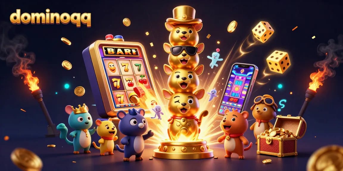 Experience exciting gameplay with dominoqq, featuring a vibrant jackpot slot machine and colorful casino elements.