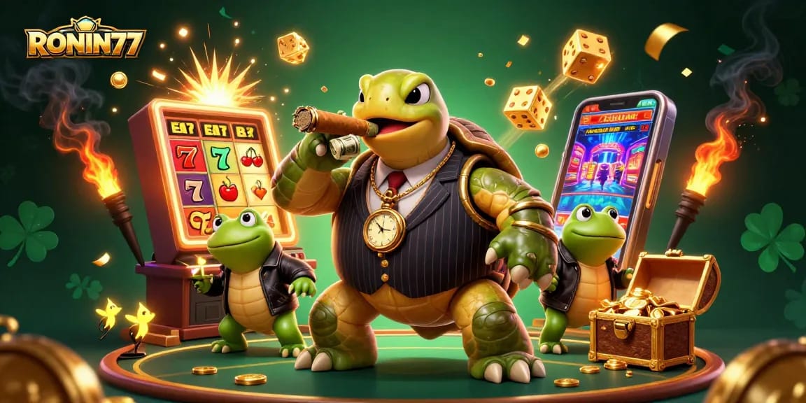 Engaging scene featuring RONIN77 with a gambling-themed illustration of characters in a lively casino atmosphere