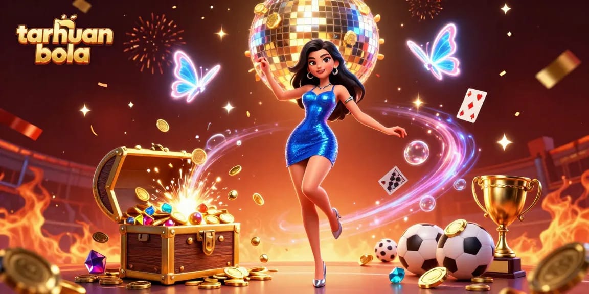 Experience taruhan bola excitement with dynamic characters amidst vibrant sports elements and thrilling confetti.