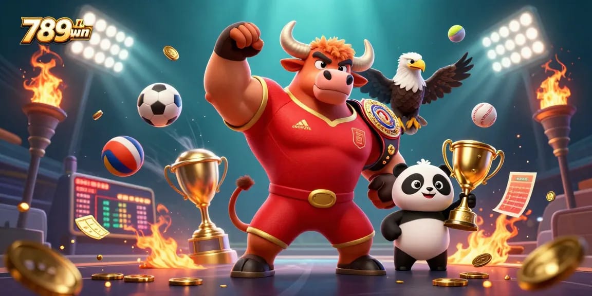 Win big at 789win with a dynamic casino scene featuring a muscular bull and diverse sports elements.