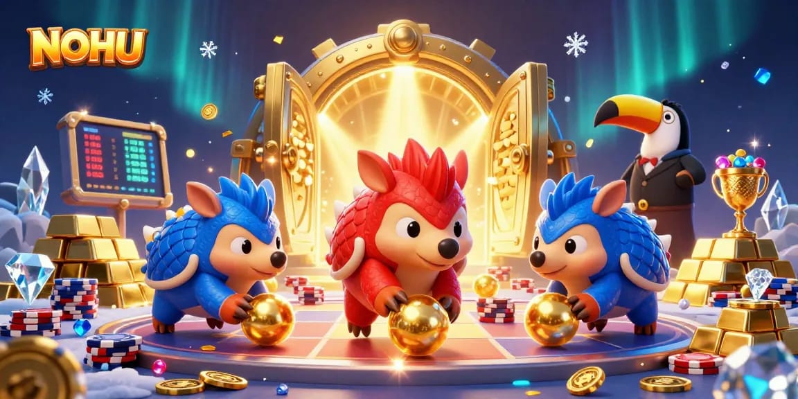 NOHU rivals compete in a vibrant casino scene, rolling poker chips amid dazzling treasures.