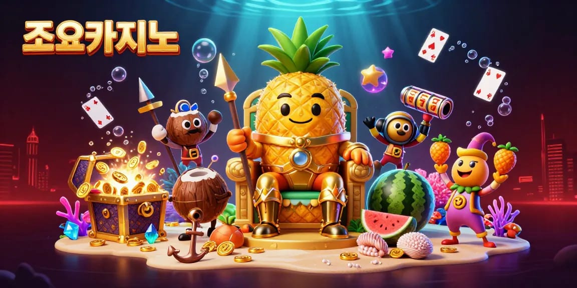 Experience the excitement of 조이카지노 with a dynamic scene featuring a golden pineapple king and lively casino elements.