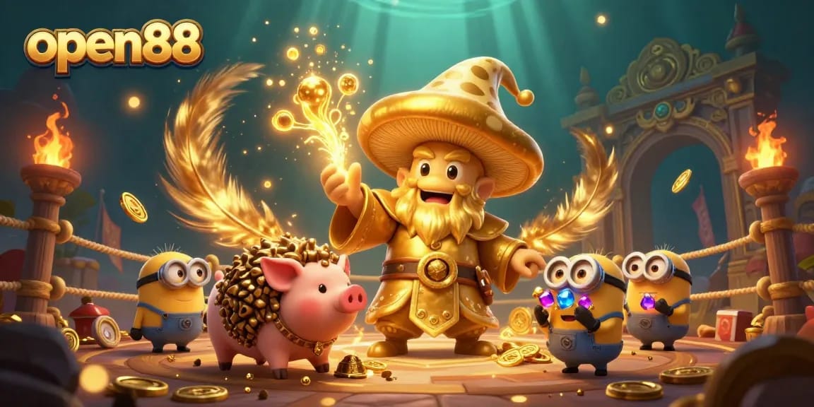 Experience exciting gameplay at open88 with a golden wizard, treasure, and vibrant casino elements.