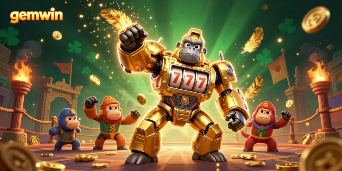 Experience thrilling action in gemwin as the golden gorilla mech unleashes jackpots amidst swirling coins.