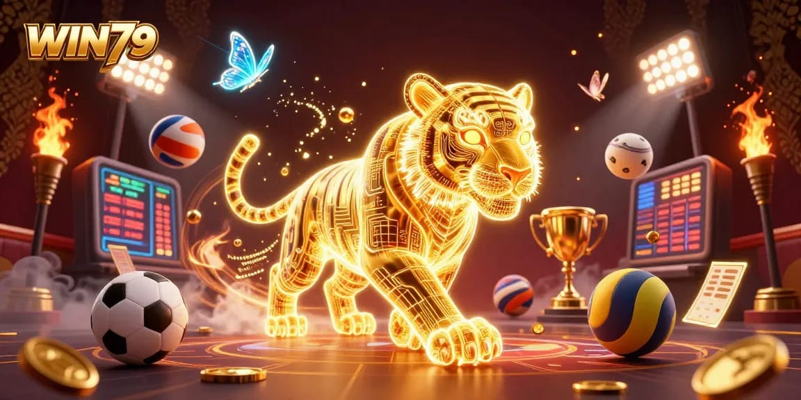 WIN79 casino showcases vibrant 3D gambling elements with a neon tiger amidst a dynamic gaming environment.