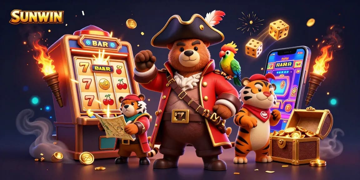 SUNWIN's pirate-themed casino adventure with a bear captain, treasure chest, and jackpot explosion