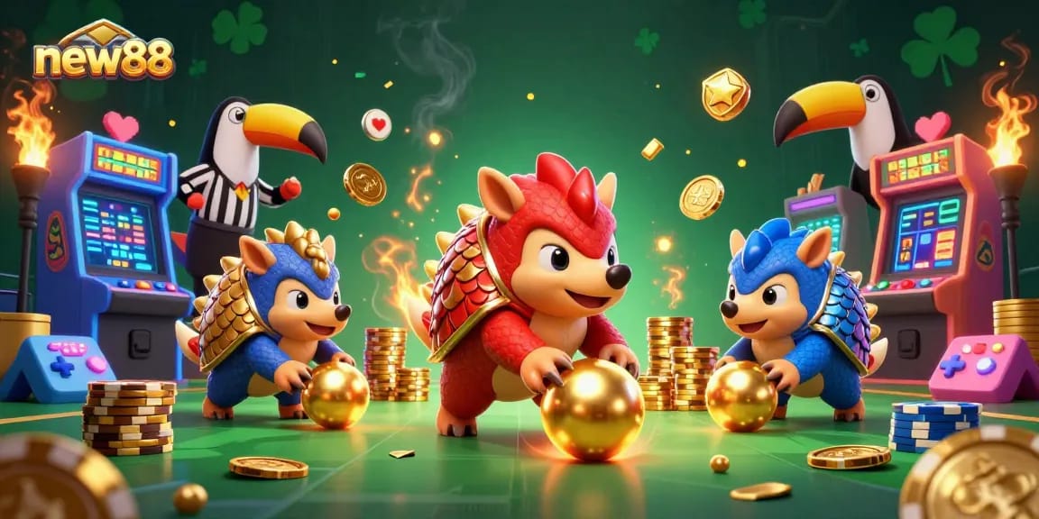 Experience excitement at new88 with colorful pangolins in a vibrant casino-themed illustration.