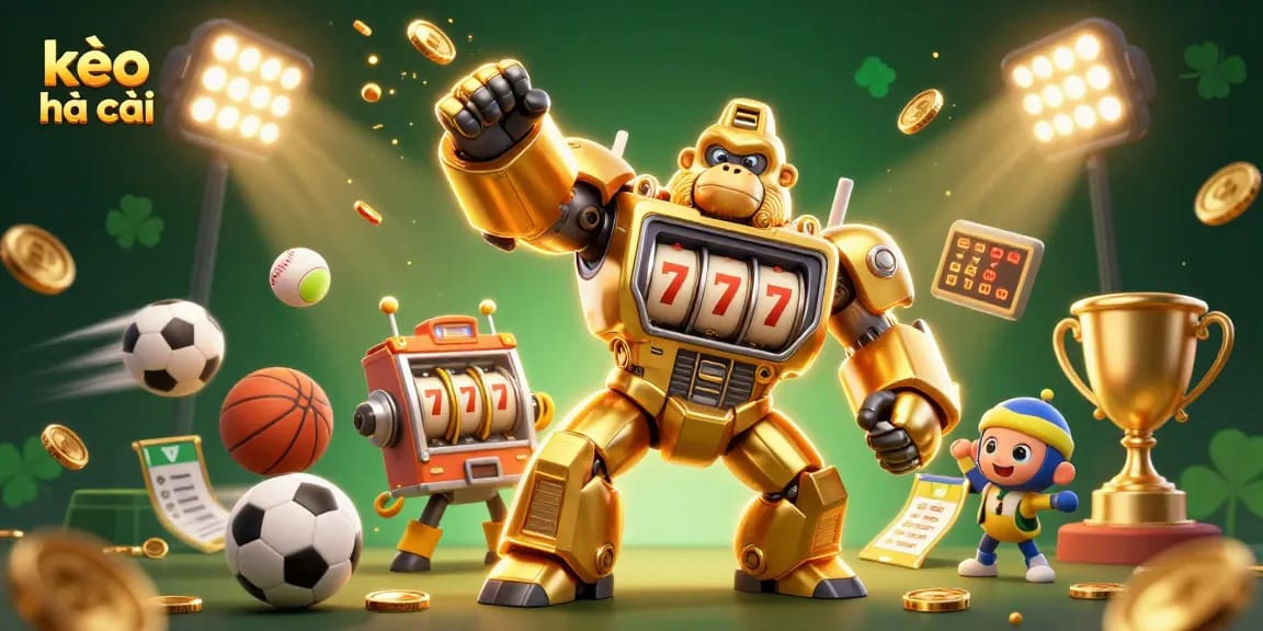 Engage with kèo nhà cái featuring a dynamic illustration of a golden gorilla mech and sports elements.