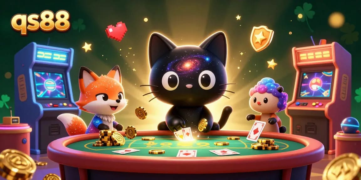 Casino scene of qs88 where a black hole cat pulls in chips and cards amidst vibrant gaming elements.