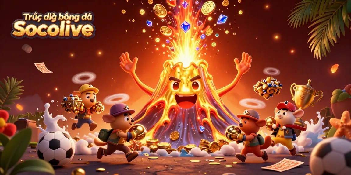 Experience Trực tiếp bóng đá Socolive with animated characters amidst a vibrant sports betting scene.