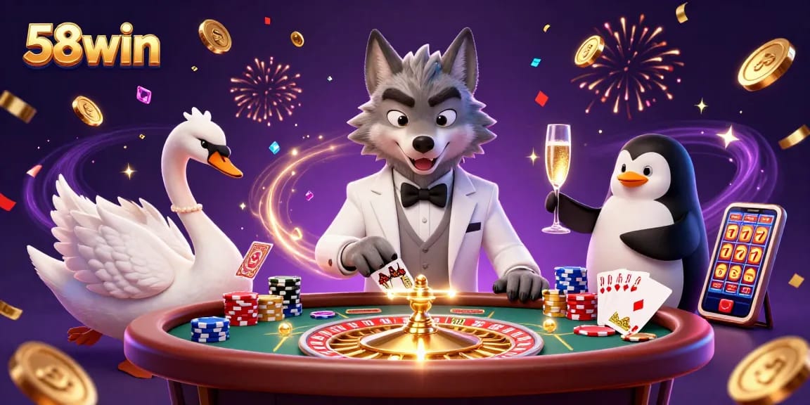 Engaging scene of 58win showcasing a wolf, swan, and penguin in a lively casino setting with dynamic elements.