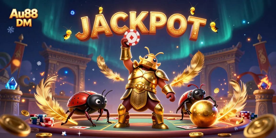 Engage in exciting gambling with Au88 DM, featuring a victorious beetle at a poker table.