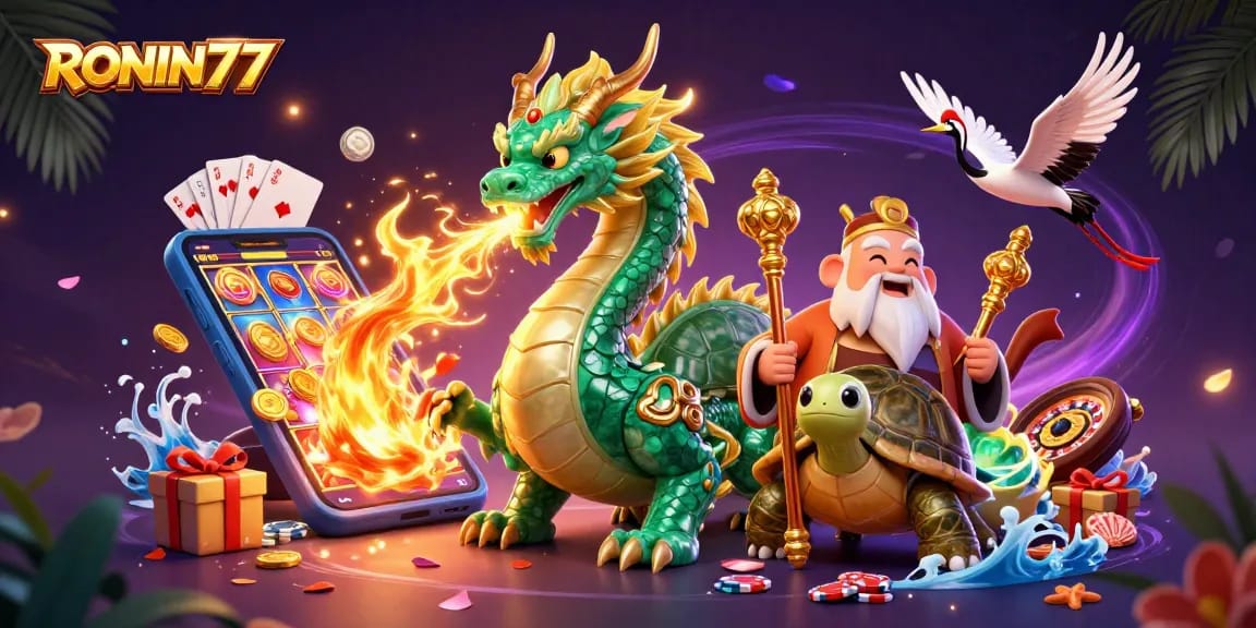 Experience the thrill of gaming with RONIN77, featuring vibrant slot elements and mystical characters.