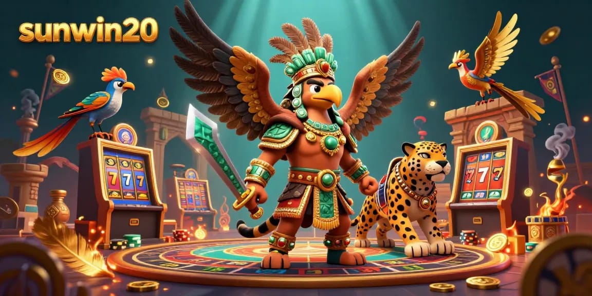 Experience thrilling gameplay with sunwin20 as the Aztec warrior battles in a vibrant casino scene.