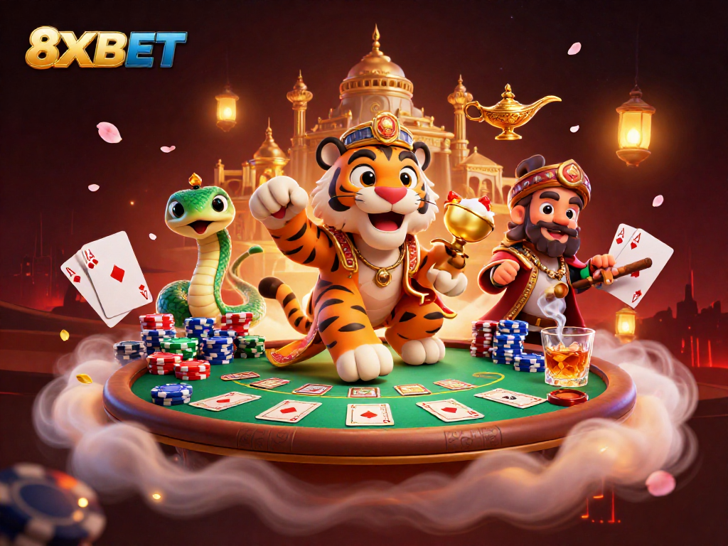 Experience thrilling games at 8XBET with whimsical, cinematic 3D visuals of a vibrant online casino atmosphere.