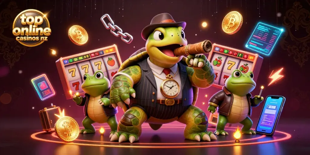 Engage with the top online casinos nz featuring a vibrant game scene with unique casino characters and elements.