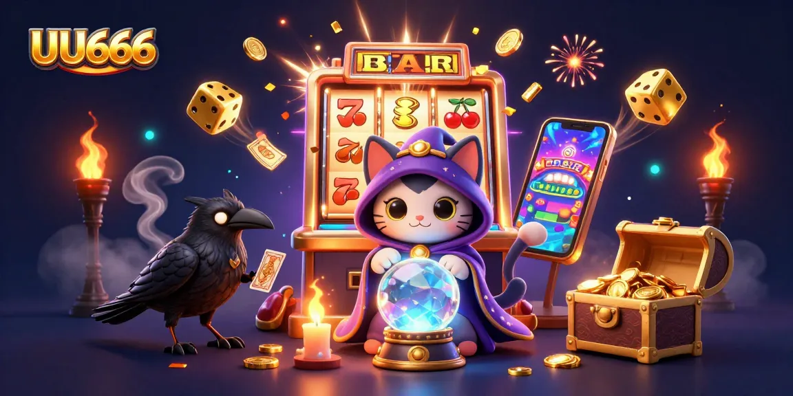 Play exciting slot games with UU666, featuring a vibrant scene of fortune teller cats, winning jackpots, and glowing symbols