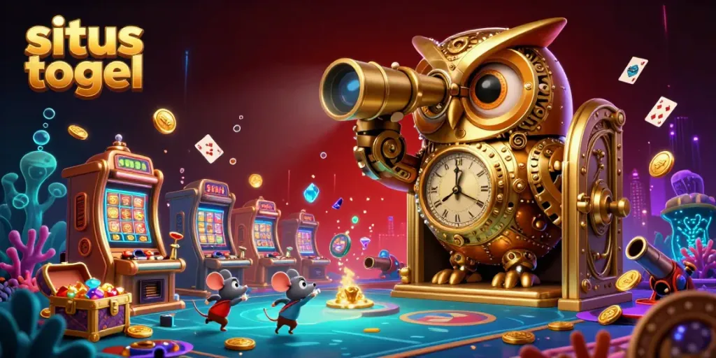 Experience the thrill of situs togel with this vibrant 3D casino illustration featuring a gold owl and playful mice.