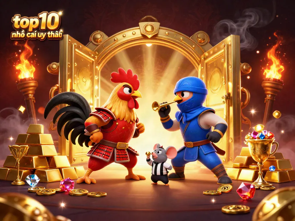 Engage in the thrill of top 10 nhà cái uy tín with dynamic fighting roosters in a vibrant casino setting.