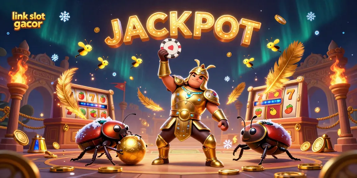 Link slot gacor dengan karakter beruang hercules berarmor mengangkat chip poker dalam pose kemenangan, dikelilingi simbol slot.