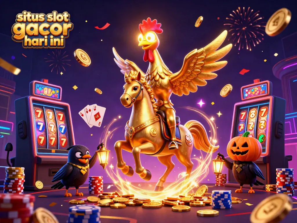 Gambaran situs slot gacor hari ini dengan ayam jantan emas dan suasana kasino fantasi.