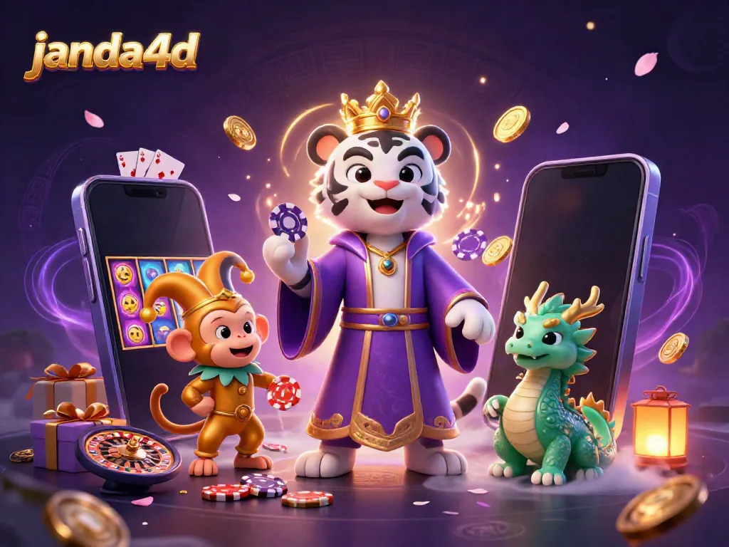 JANDA4D menampilkan ilustrasi 3D dengan harimau putih elegan dan monyet emas di tengah permainan slot yang berputar.