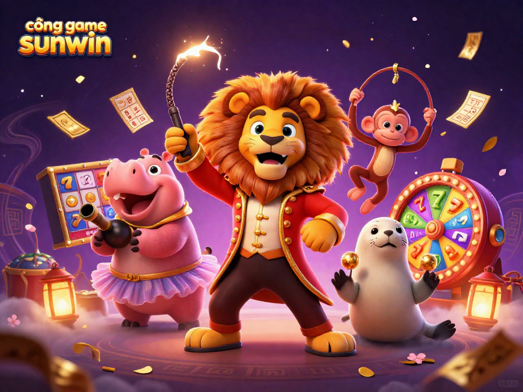 Engage in the excitement of cổng game sunwin with colorful reels, characters, and prizes in a vibrant setting.