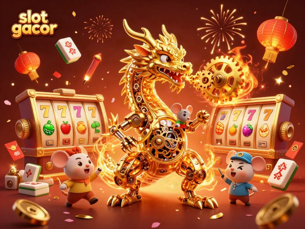 Spin the slot gacor reels with the golden dragon amidst festive elements in a vibrant 3D festival scene.