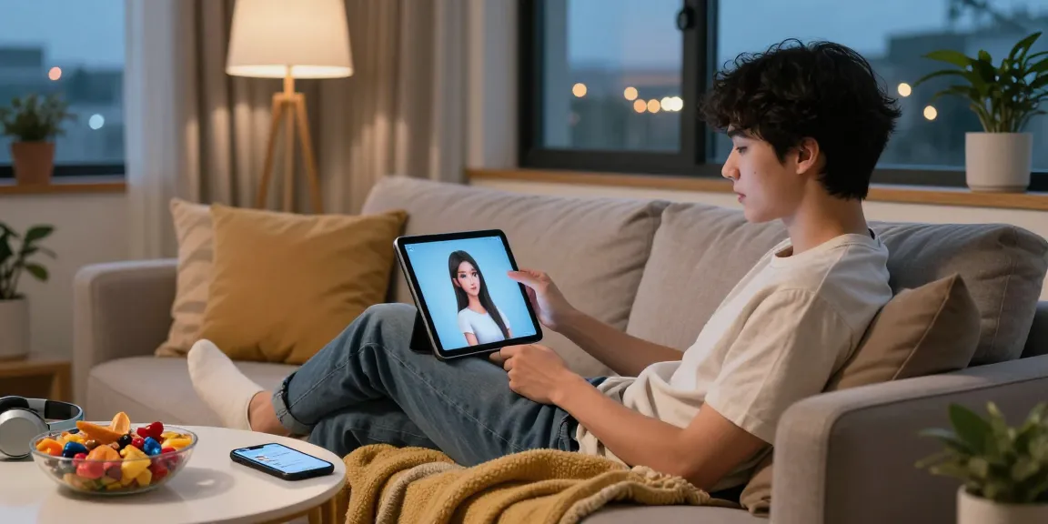 Engaging with a personalized AI gf simulation in a cozy living room setting