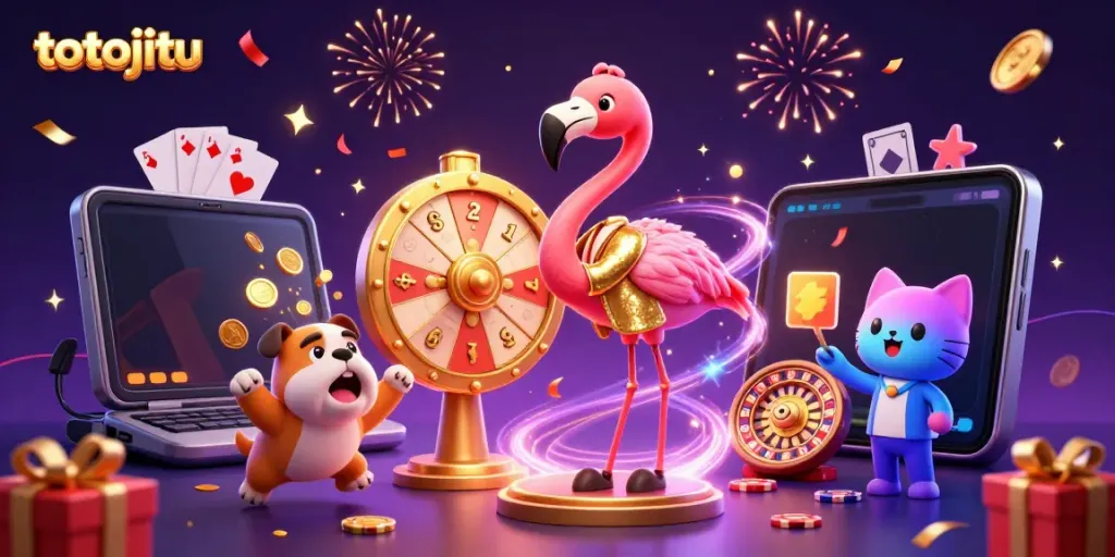 Win with totojitu as the flamingo game show host spins a golden prize wheel surrounded by gambling elements.