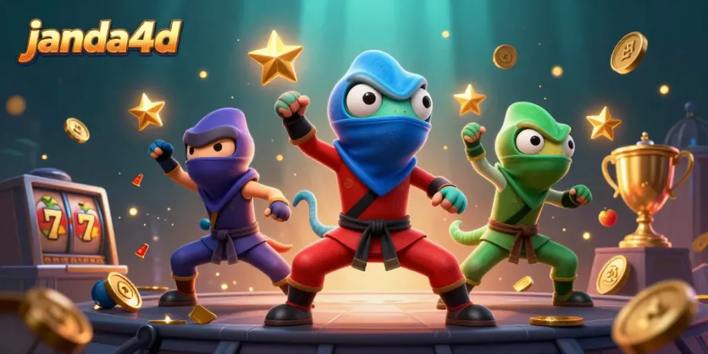 JANDA4D mempersembahkan tim ninja chameleon dalam aksi bermain slot dengan simbol berwarna cerah dan efek dramatis.