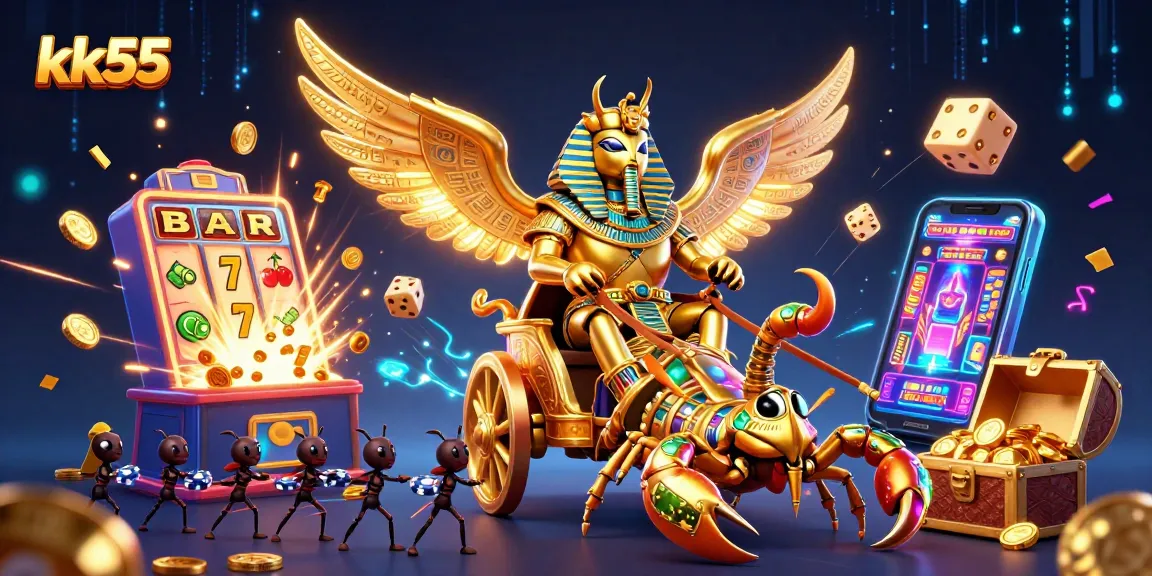 Engage in thrilling gaming at kk55 with an energetic 3D illustration showcasing vibrant casino elements.