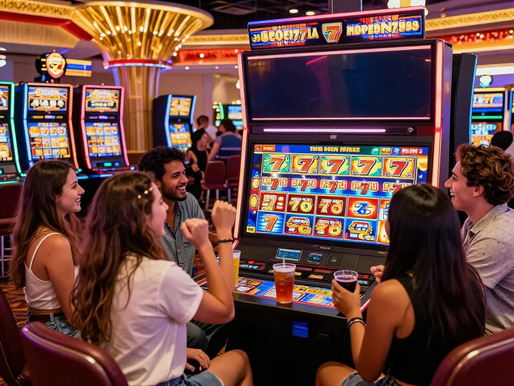 Group of friends celebrating a win at Lucky777 slots in a vibrant, modern casino.