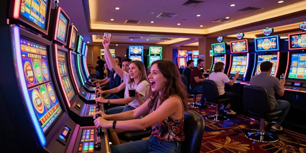 A vibrant casino scene showcasing a woman playing a slot machine surrounded by excited friends, neon lights illuminating the joyful atmosphere.