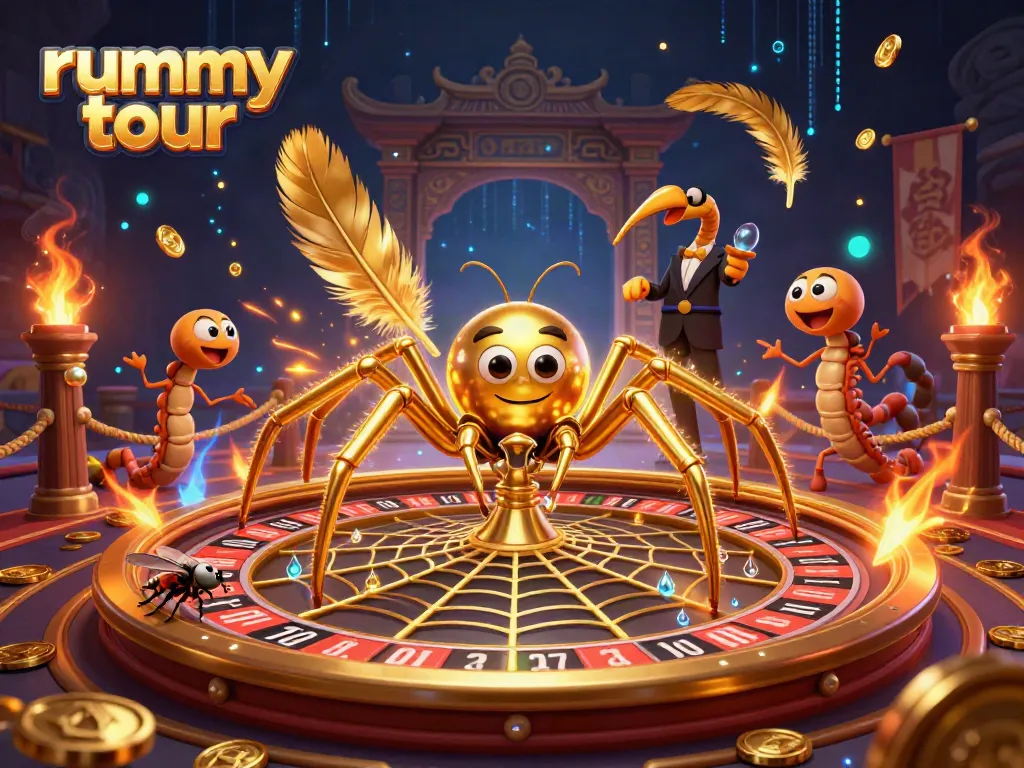 Menjajal keberuntungan dalam rummy tour dengan gambar dinamis roda roulette yang terbuat dari jaring laba-laba.