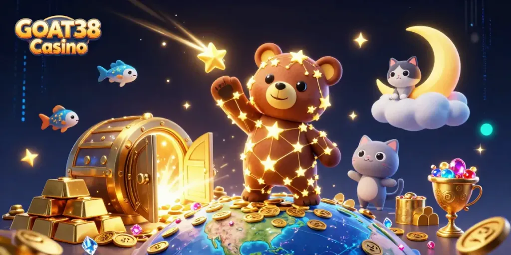 Engage with the magic of GOAT38 Casino through a vibrant 3D illustration capturing dynamic gambling excitement.