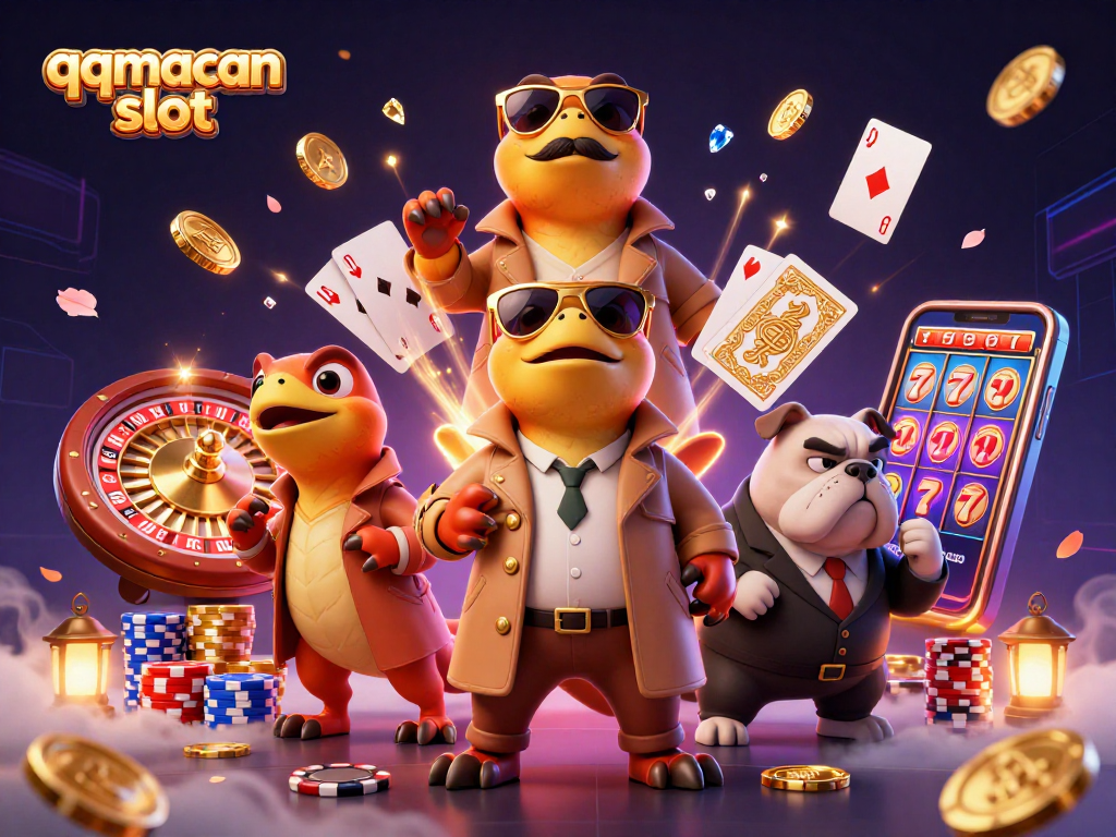 Experience the excitement of qqmacan slot with cartoon raptors sneaking into a vibrant casino scene.