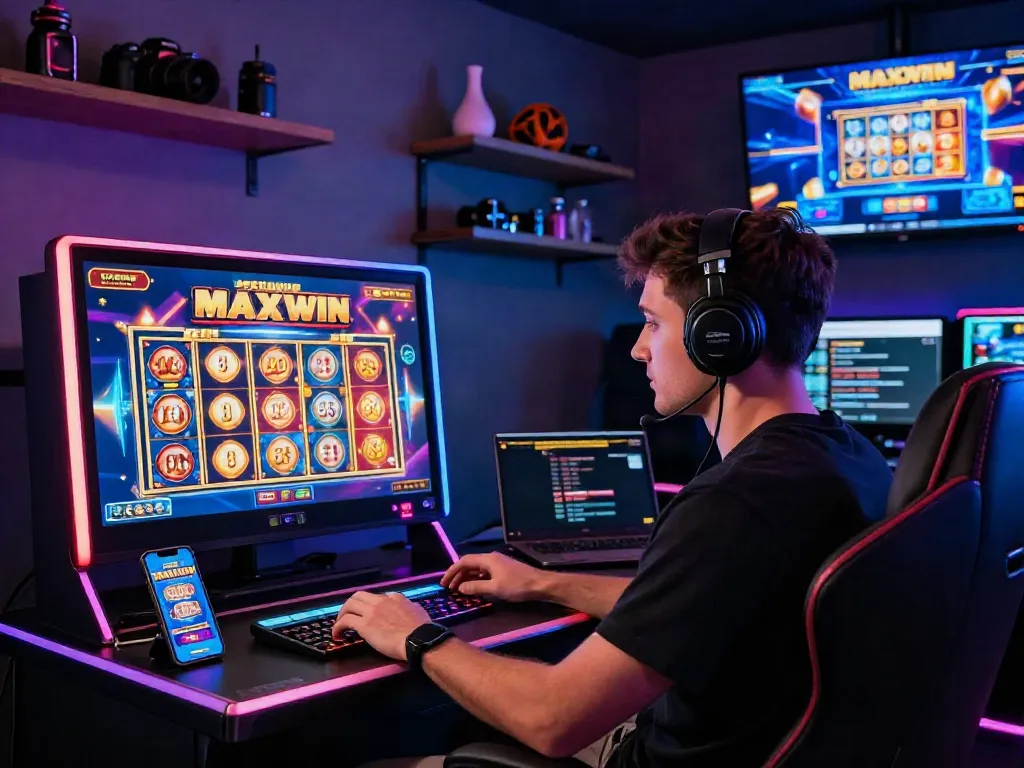 Player enjoying digital slot games featuring slot maxwin on modern interface, vibrant graphics and jackpots.