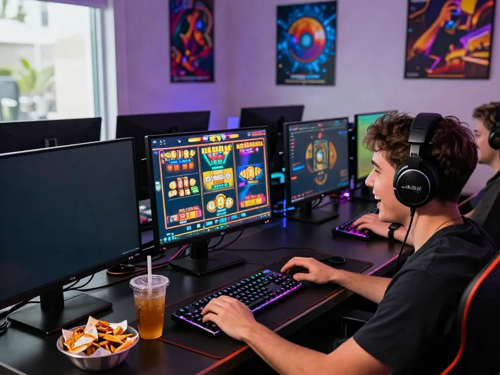 Exciting scene showcasing a player engaged in slot online gaming with vibrant screens and energetic atmosphere.