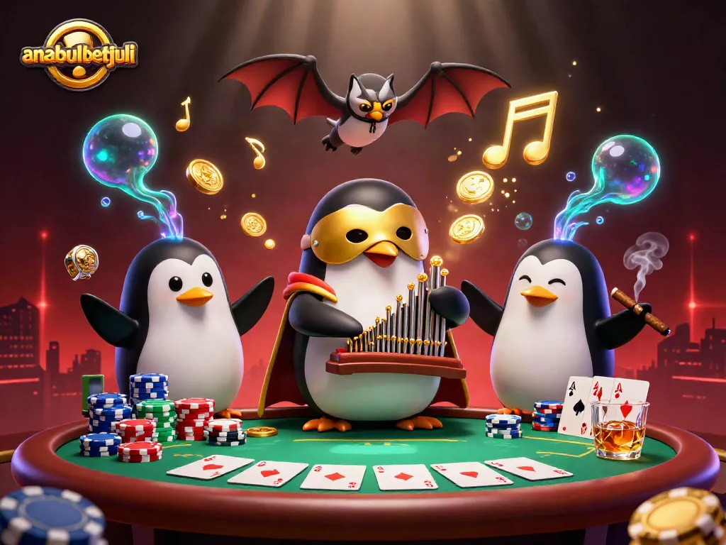 Anabulbetjuli menampilkan penguin opera bermain organ yang menyemprot koin emas di kasino.