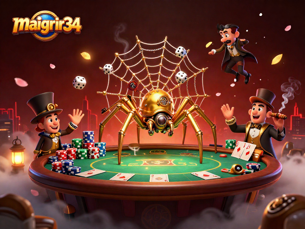 La scène de maigrir34 présente une araignée steampunk dorée capturant des dés dans un filet de jetons de poker.