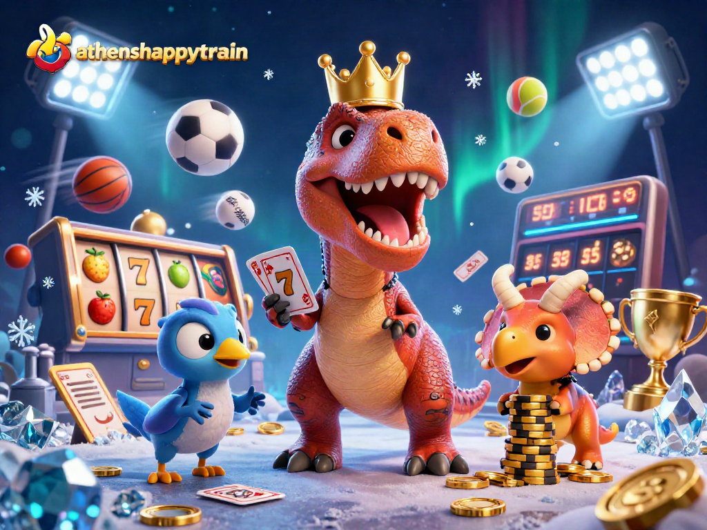 Experience athenshappytrain's vibrant casino scene with cartoon dinosaurs enjoying slots and sports betting.