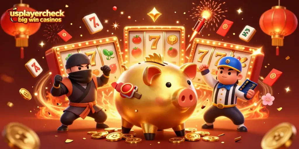 Experience thrilling jackpots with usplayercheck big win casinos, featuring golden piggy bank sumo wrestlers and vibrant slot game elements.