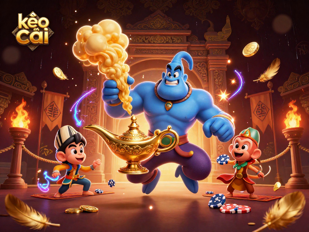 Kèo nhà cái guides players betting in a vibrant 3D casino scene with genie and poker elements.