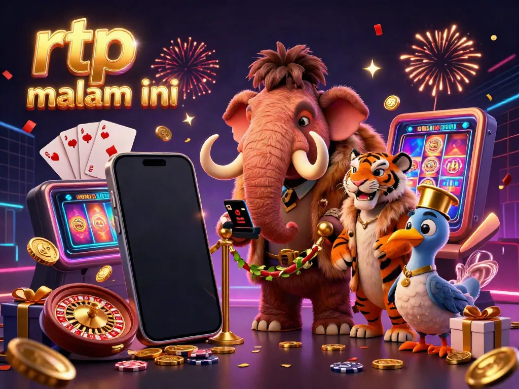 Experience rtp malam ini with vibrant casino characters celebrating around a smartphone showing games and rewards.