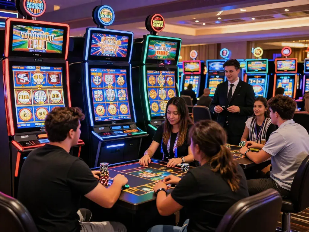 Engaging casino scene showcasing players enjoying ทดลองสล็อต at vibrant slot machines.