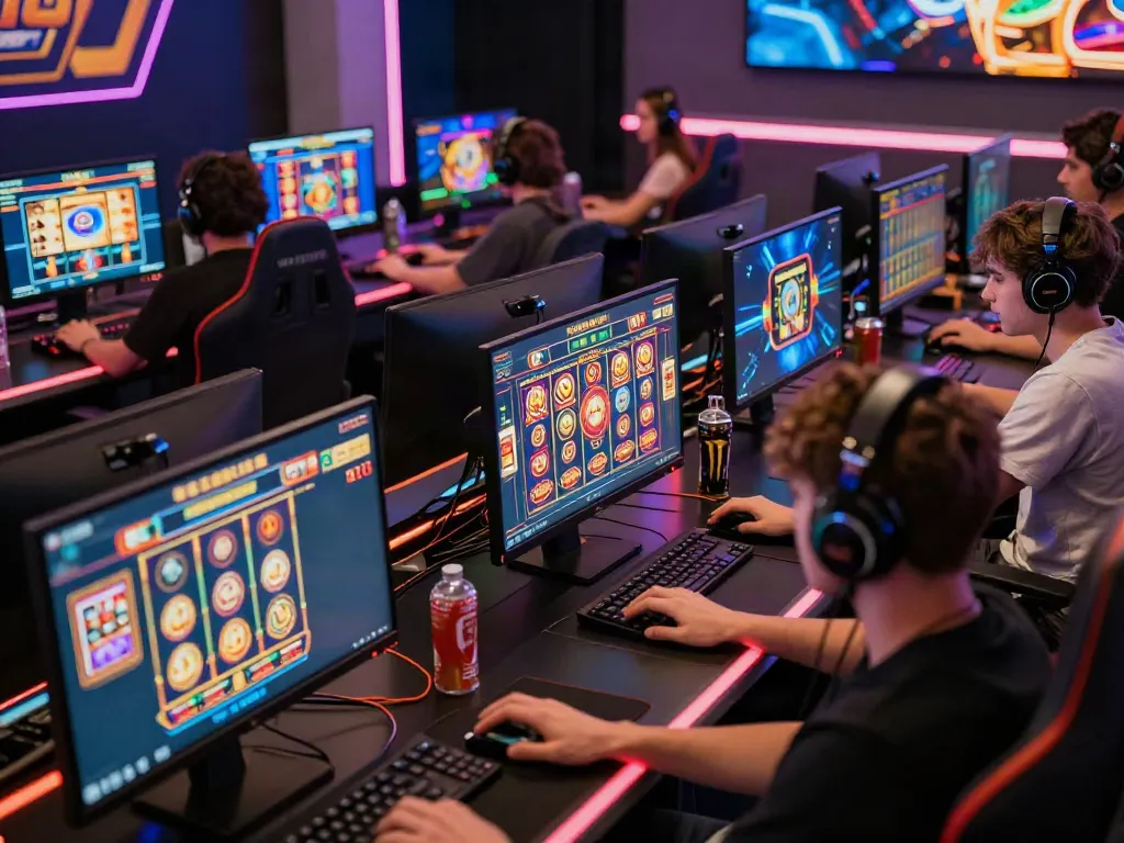 A vibrant online gambling scene featuring players engaged with slot games on their computers, immersing in the excitement of akunjp gaming.