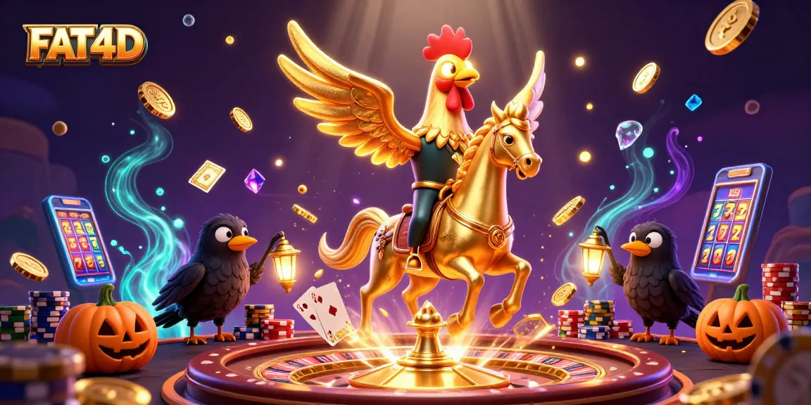 Experience FAT4D’s golden rooster headless horseman in a vibrant casino scene with dynamic gaming elements.