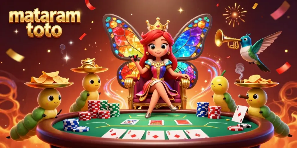 Engage in exciting games at mataram toto with a vibrant illustration of a butterfly queen and poker elements.