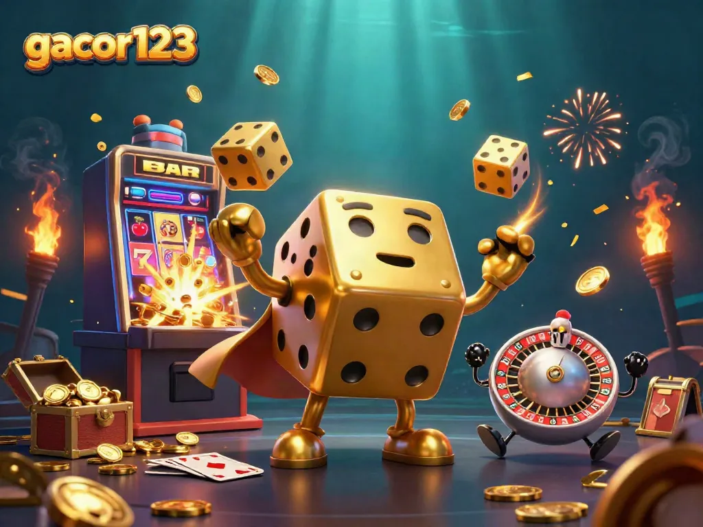 Experience thrilling wins with gacor123 in a vibrant 3D casino scene full of gold and excitement.